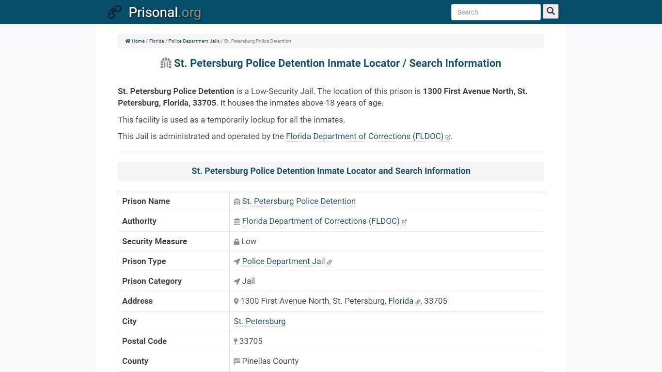 St. Petersburg Police Detention-Inmate Locator/Search Info, Phone, Fax ...